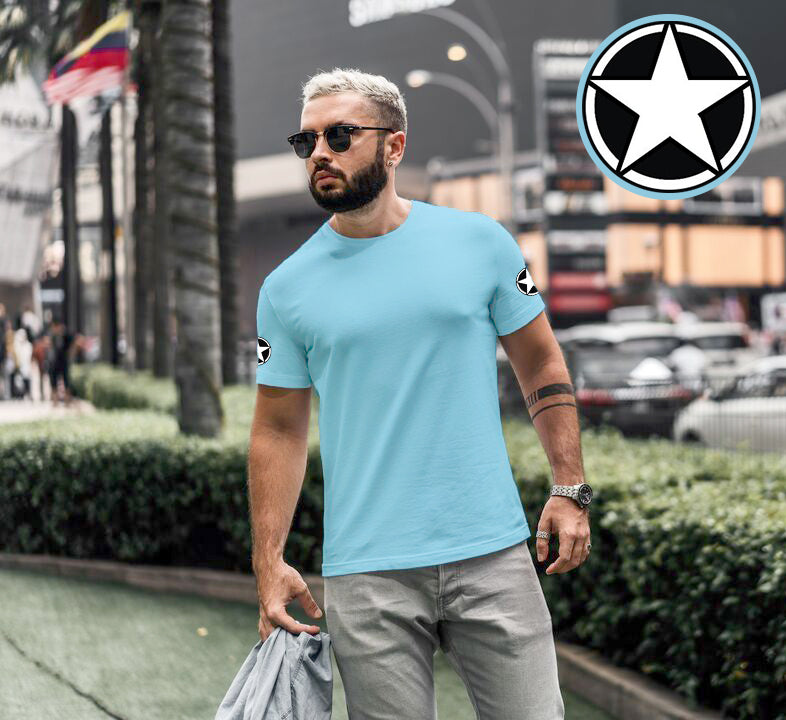 Mist Blue Round Neck Half Sleeve Printed T Shirts For Men by LAZYCHUNKS
