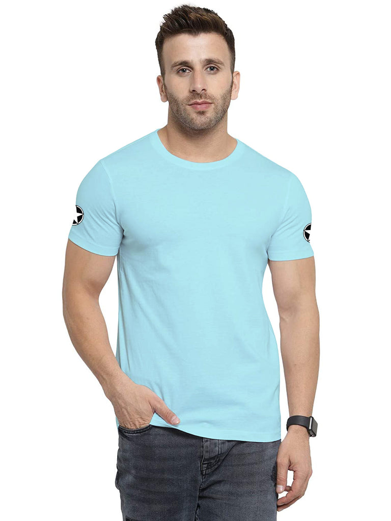 Mist Blue Round Neck Half Sleeve Printed T Shirts For Men by LAZYCHUNKS