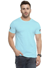 Mist Blue Round Neck Half Sleeve Printed T Shirts For Men by LAZYCHUNKS