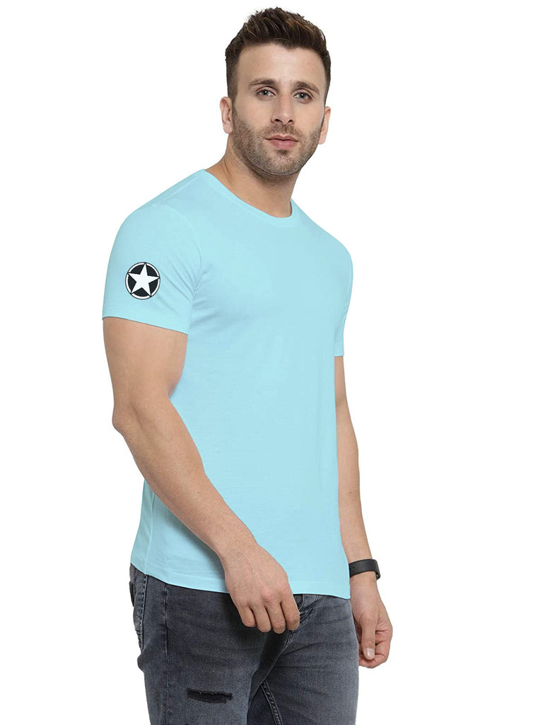 Mist Blue Round Neck Half Sleeve Printed T Shirts For Men by LAZYCHUNKS