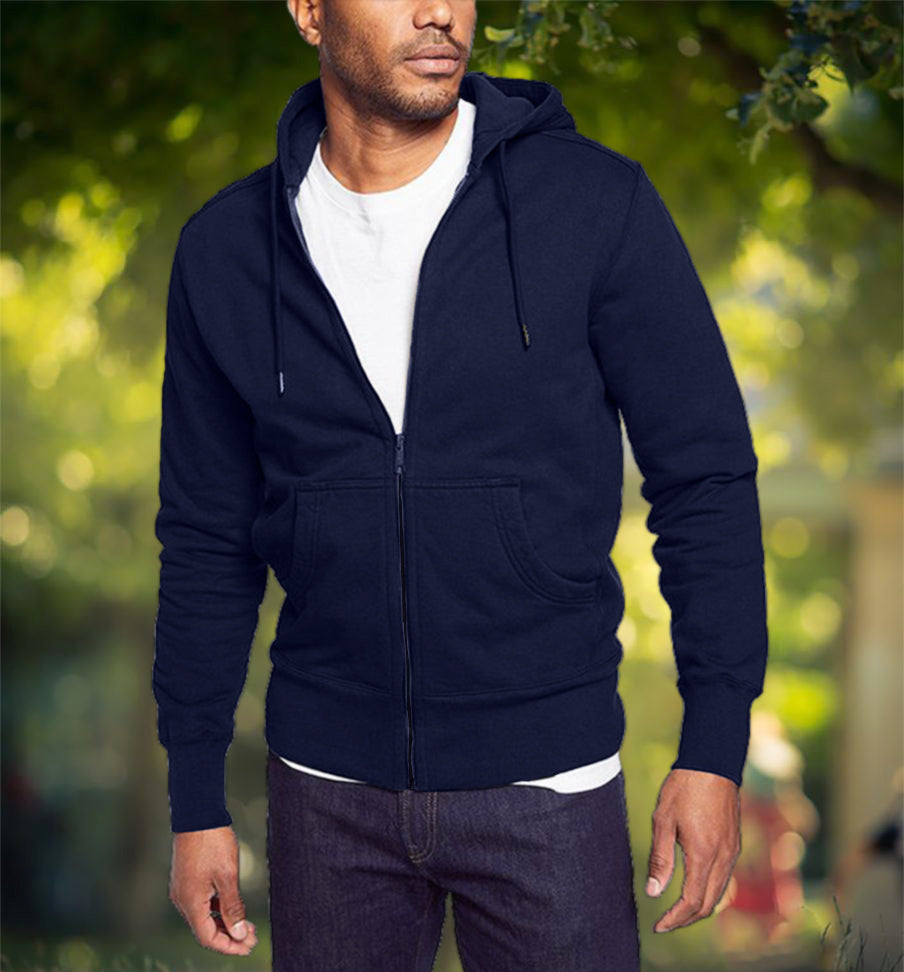 Cotton Full Sleeve Navy Blue Zipper Hoodie For Men BY LAZYCHUNKS