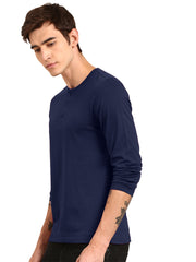 Regular Fit Solid Navy Blue Full Sleeve Cotton Plain Tshirt For Men By LazyChunks