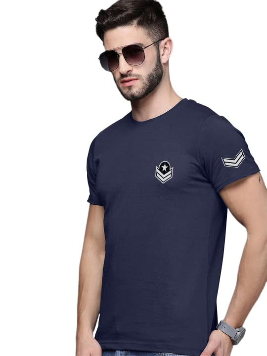 Navy Blue Trending Printed Cotton T Shirt For Men by LAZYCHUNKS