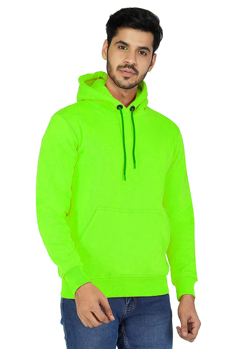 Neon Green Solid Cotton Relaxed Fit Hooded Sweatshirt Hoodies By