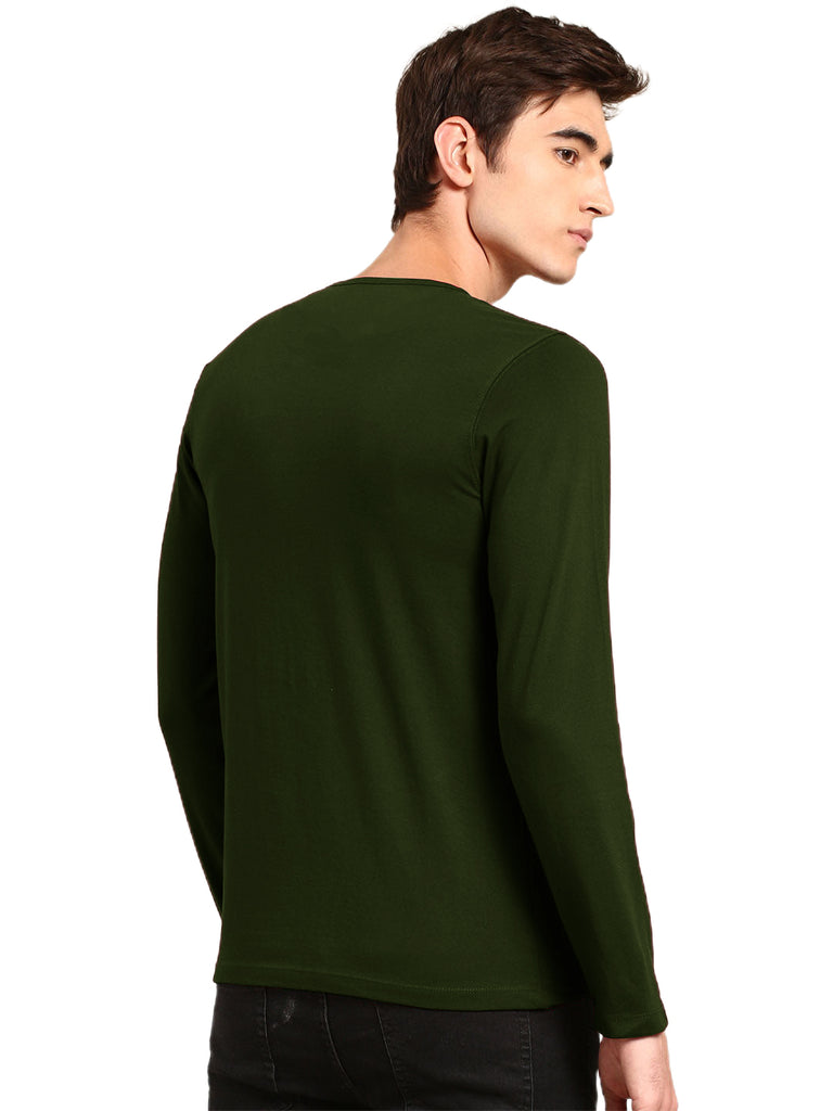 Regular Fit Solid Olive Green Full Sleeve Henley Neck Cotton Tshirt For Men By LazyChunks
