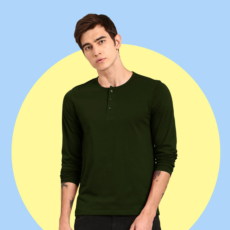 Regular Fit Solid Olive Green Full Sleeve Henley Neck Cotton Tshirt For Men  By LazyChunks