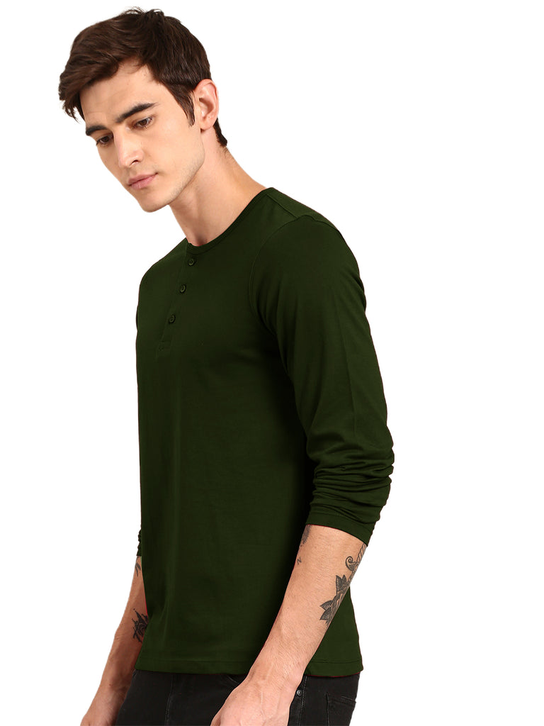 Regular Fit Solid Olive Green Full Sleeve Henley Neck Cotton Tshirt For Men By LazyChunks