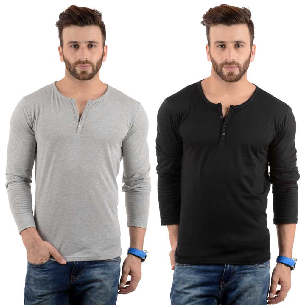 Cotton Full Sleeve Henley Neck Combo T-Shirt, (Pack of 2) T Shirt For Man by LAZYCHUNKS.