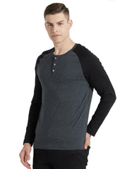 Men's Regular Fit Charcoal Grey Raglan Full Sleeve Henley T-Shirt By LazyChunks