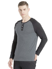 Men's Regular Fit Melange Grey Raglan Full Sleeve Henley T-Shirt By LazyChunks