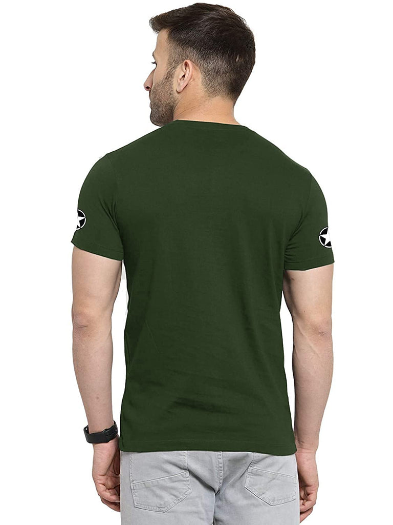 Olive Green Round Neck Half Sleeve Printed T Shirts For Men by LAZYCHUNKS