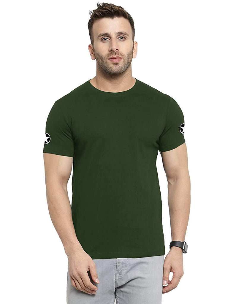 Olive Green Round Neck Half Sleeve Printed T Shirts For Men by LAZYCHUNKS