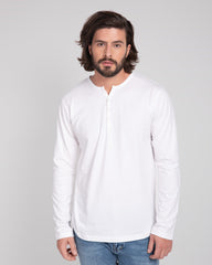 Men's Cotton Full Sleeve WHITE Henley T-Shirt by LazyChunks