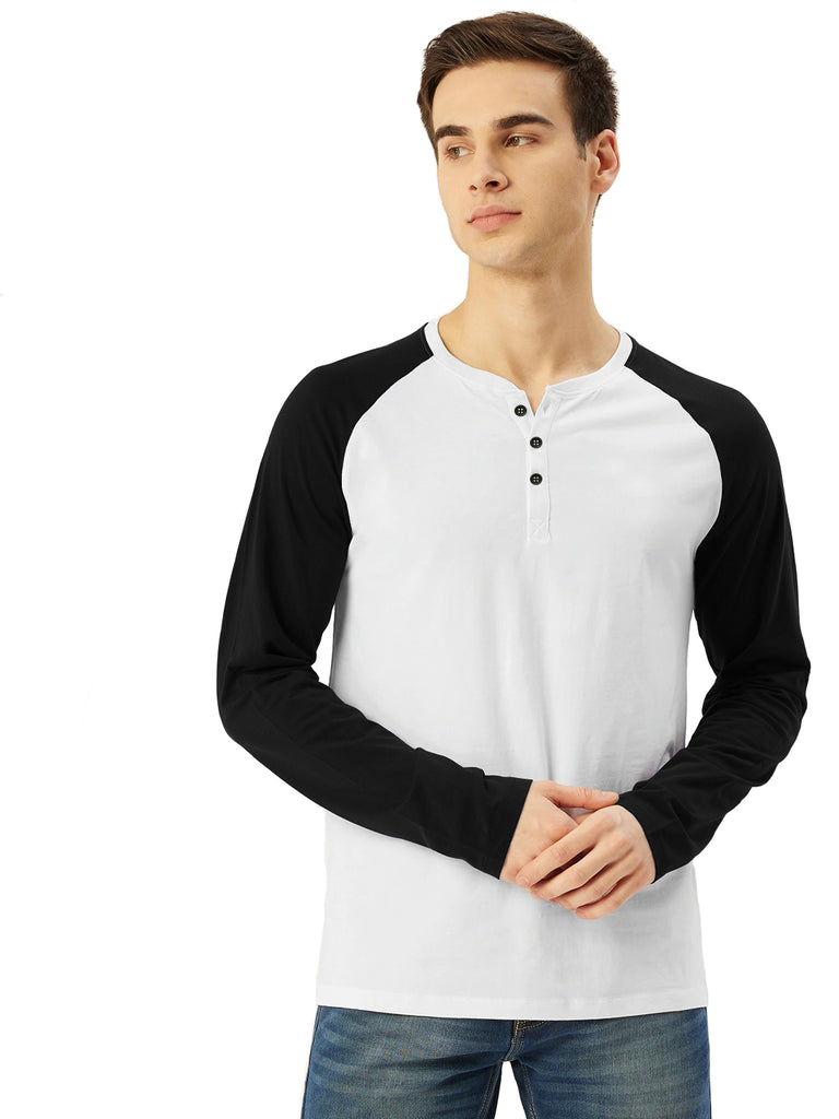 Men's Regular Fit White Raglan Full Sleeve Henley T-Shirt By LazyChunks