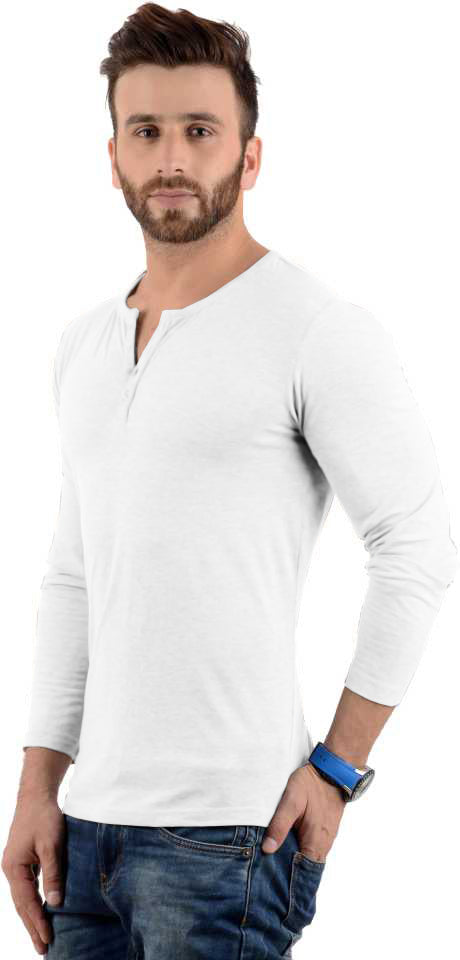 Men's Regular Fit Henley Neck full Sleeve Solid White Cotton Tshirt By LazyChunks