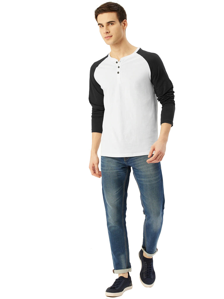 Men's Regular Fit White Raglan Full Sleeve Henley T-Shirt By LazyChunks