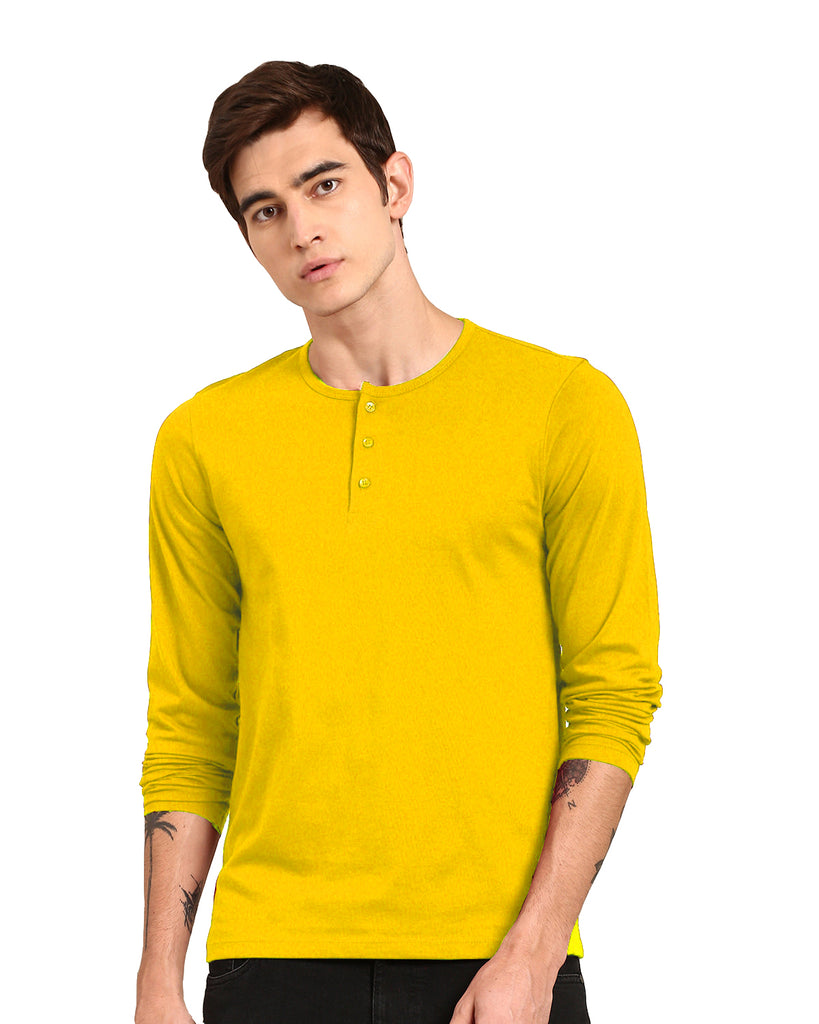 Solid Yellow Henley Neck Full Sleeve Cotton Tshirt for Men By LazyChunks