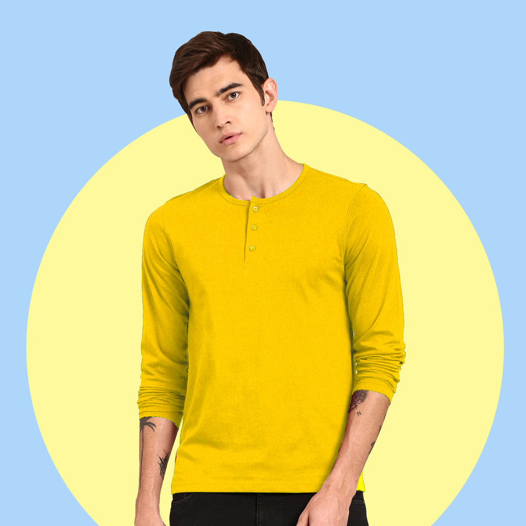 Solid Yellow Henley Neck Full Sleeve Cotton Tshirt for Men By LazyChunks